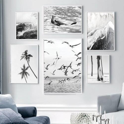 Black White Sea Beach Seagull Canvas Painting Tree Landscape Wall Art Nordic Posters and Prints Pictures for Living Room Decor