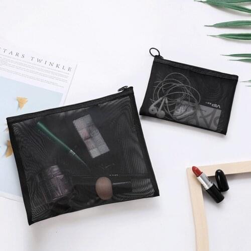 1pc Travel Portable Cosmetic Bag With Zipper Women Black Mesh Makeup Storage Bag Toiletry Beauty Wash Kit Bags Storage Supplies
