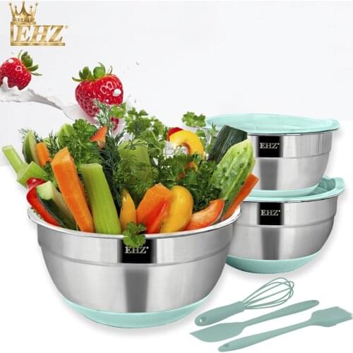 EHZ Mixing Bowl Set Stainless Steel Salad Bowl Set Multi-Purpose Sealed Fresh Bowl Non-Slip Silicone Bottom Kitchen Baking Tool