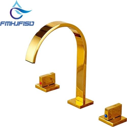 FMHJFISD Widespread Golden Brass Bathroom Basin Faucet Dual Handles Vanity Sink Mixer Tap