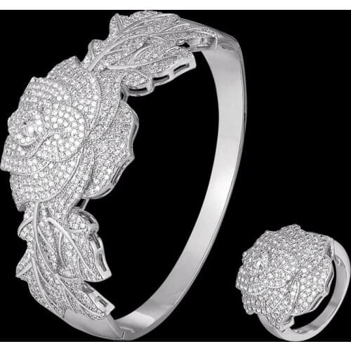 Funmode Luxury Micro Rhinestone Pave Flower Design Bangle Ring For Wedding Bridal Dubai Jewelry Sets Accessories WholesaleFS249