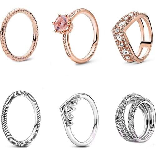 2020 AUTUMN new 1:1 S925 Rose Snake Chain Pattern Sparkling Pear Marquise Wishbone Triple Band Pave Ring