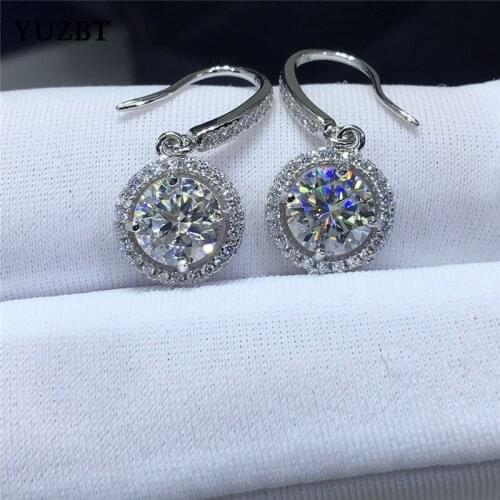 18K White Gold Plated Total 2 ct Gemstone Round Excellent Cut Diamond Test Past D Color Moissanite Wedding Drop Earrings Gift