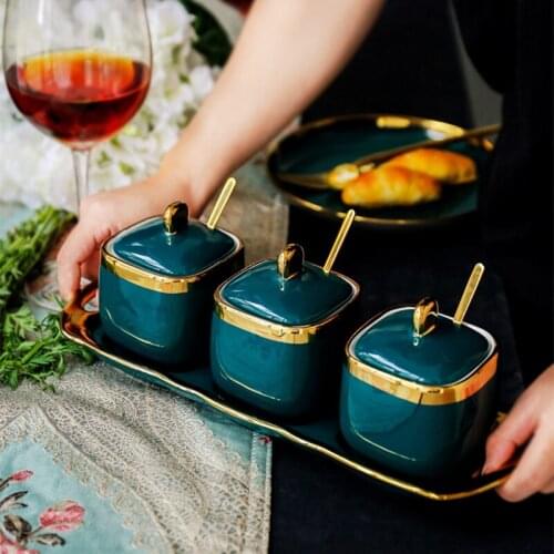 Set of 3 Ceramic Spice Jar Salt Pepper Storage Box Container with Tray Spoon Rack Kitchen Accessories Tools Gadget Organizer