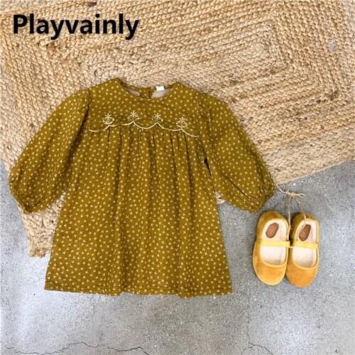 2021 Korean Style New Autumn Kids Girls Dresses Yellow Embroidery Floral Long Puff Sleeves Dresses Children Clothing 1-5Y E5257