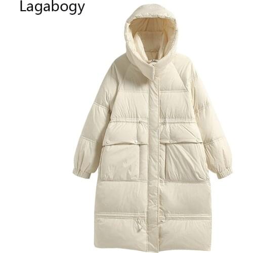 Lagabogy 2021 New Winter Hooded High Waist Long Parkas 90% White Duck Down Coat Soild Color Female Oversized Warm Puffer Jacket