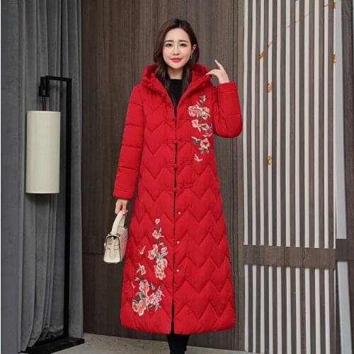 Mom Coat Ethnic Style Cotton Outwear Women Winter Chinese Style Embroidered Long Over The Knee Large size Elderly Cotton Coat