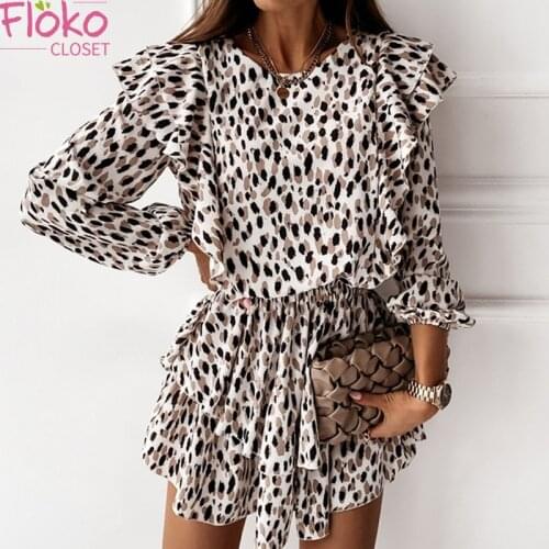 Flokocloset O-Neck Floral Print Ruffle Sweet Mini Dress Autumn Causal Long Sleeve Vintage Elegant A-LINE Dresses