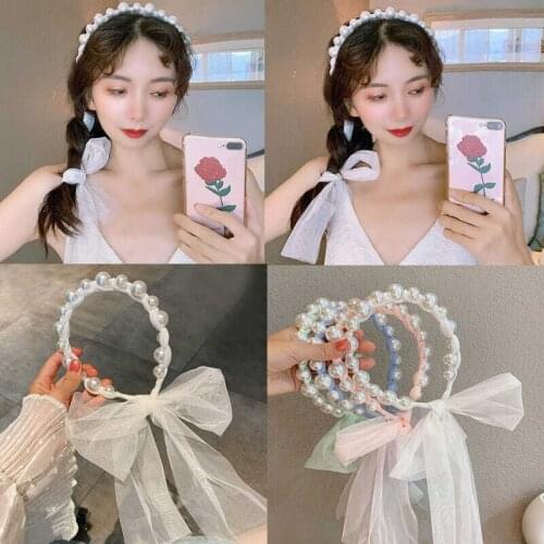 Pearl headband hair bows kawaii accessories ribbon ties summer accessori bandeau fashion women scrunchies fascinator tiara