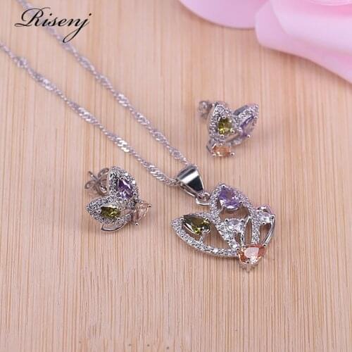 Risnej Promation Silver 925 Jewelry Butterfly Square With Top Zircon Earrings Necklace With Pendant Small Set Romantic Present