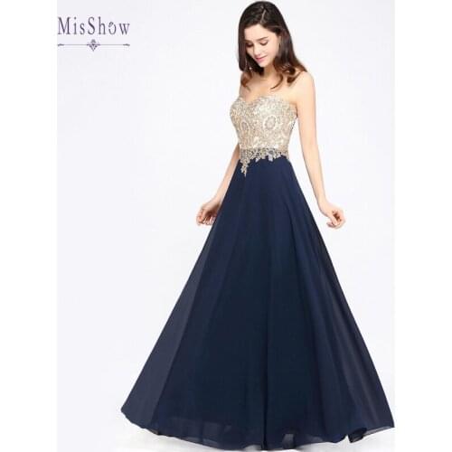 Navy blue Gold Appliques Crystal Chiffon Long Evening Dresses Sleeveless Backless Evening Party Dress Gowns robe de soiree