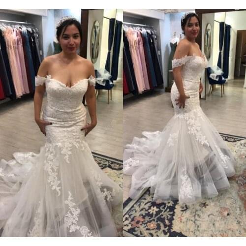 Gorgeous Mermaid Lace Wedding Dresses Off Shoulder Sweep Train Appliques Country Style Bridal Gown Plus Size Vestidoe De Noiva