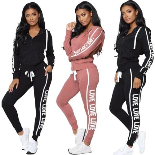 Women Tracksuit Two Piece Set Sexy Zipper Hoodies Tops + Trousers LOVE Letter Printed Sportwear Female Casual Outfits