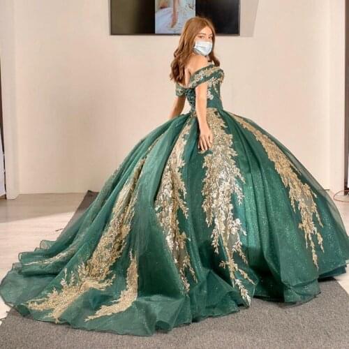 Dark Green Mexican Sweet 15 Quinceanera Dresses with Gold Applique Sequin Ball Gown Prom Dress Sweep Train vestidos de xv años