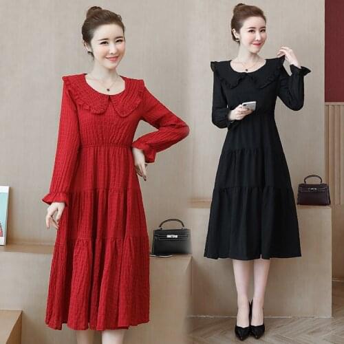 Women Cute Long Sleeve Cake Dress Autumn Loose Slim Casual Red Black Blouses Blusas Party Birthday A-Line Swing Dresses For Lady