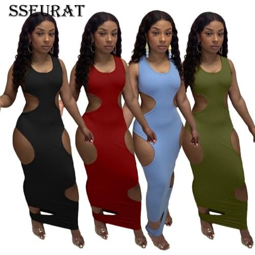 SSEURAT Women Dress Solid Hollow Out Sleeveless O-neck Sheath Dresses Sexy Night Dress Summer 2021