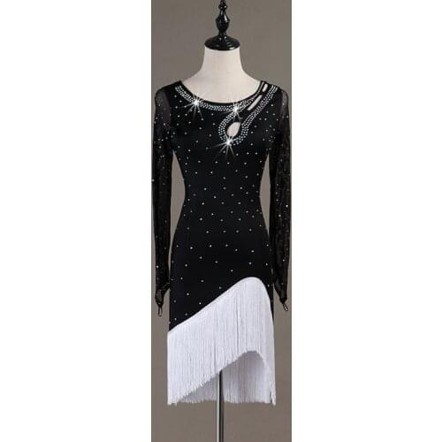 Tassel Women Latin Dance Dress Gauze Long Sleeve Diamonds Ruffles Dress Adult Latin Ballroom Dance Stage Performance Costumes