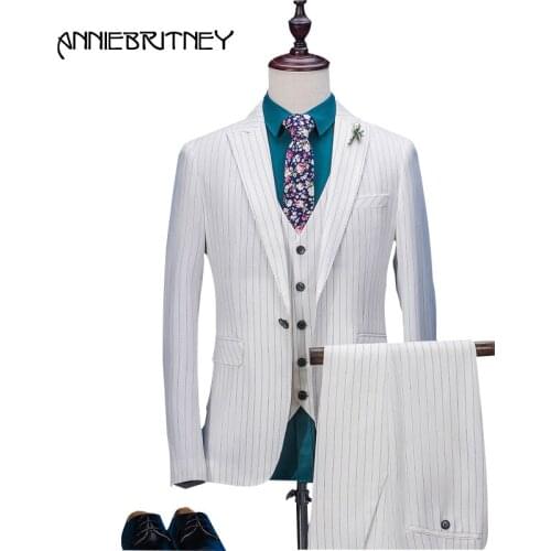 2018 Latest Coat Pant Designs White Stipe Men Suit Formal Slim Fit Business Wedding Groom Blazer Style 3 Piece Terno Masculino 4