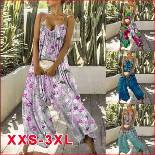 2021 Womens Casual Printed Halter Jumpsuit Sexy Suspenders Beach Party Jumpsuit Bohemia
