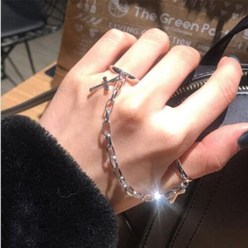 2021 Gothic Hiphop Cross Punk Double Ring for women men Adjustable Silver Color Cross Chain Ring Set Unusual Jewelry