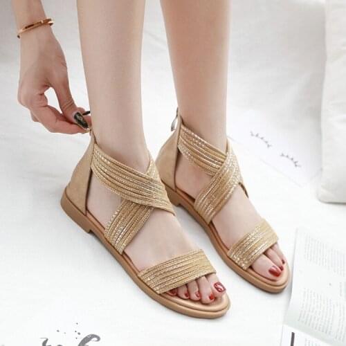 Big Size high heels sandals women shoes woman summer ladiesFlat-bottomed open-toed sandals with zipper back straps