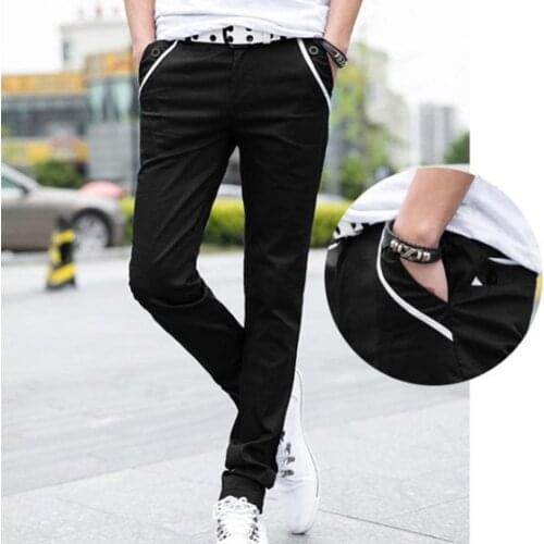 Pants Men Casual Solid Color Elastic Long Trousers Pockets Straight Pants