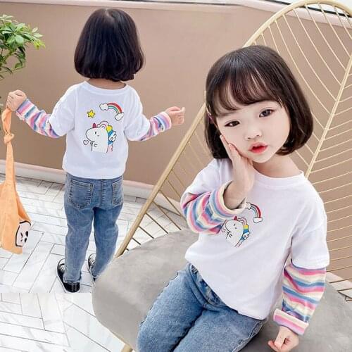 Unicorn Deer Print T-shirts Girl Rainbow Splice Long Sleeve O-neck Cotton Childrens Clothing Toddler girl shirts baby tees Tops