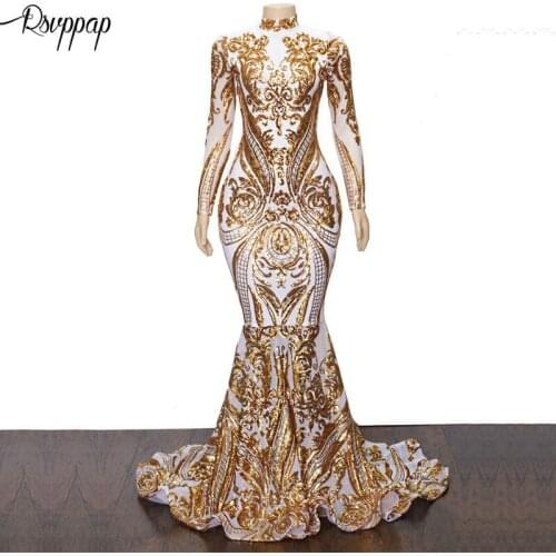 Long Prom Dresses 2020 Sparkly High Neck Golden Sequin African Women Long Sleeve White Mermaid Party Prom Dress