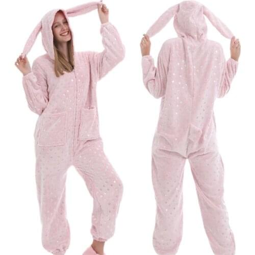 Flannel Bronzing Rabbit Onesies Adult Pajamas Cosplay Kigurumi Pyjamas Cartoon Halloween Costumes Sleepwear Jumpsuit Clothes
