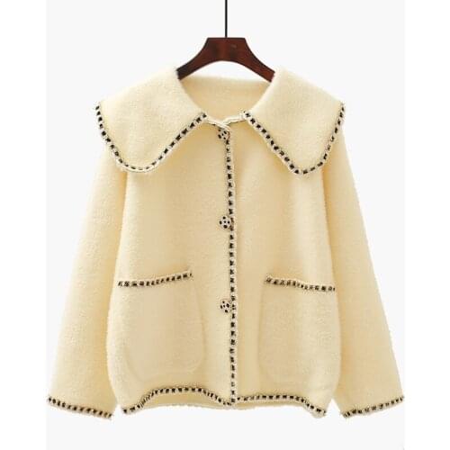 Fleece Knitted Women Sweater Cardigan Winter New Turn-Down Collar Pocket Long-Sleeved Female Outwear Coats Tops