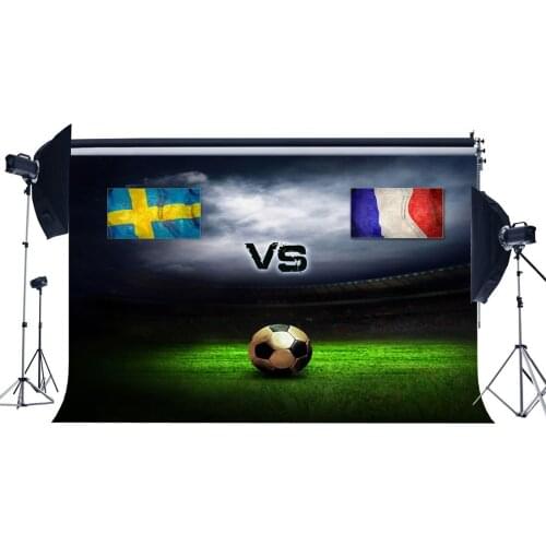 Football Field Backdrop Stadium Flags Dark Cloud Green Grass Meadow Sports Match School Game Gymnasium Photography Background