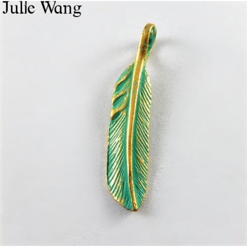 Julie Wang 20PCS Alloy Antique Mini Matcha Green Feather Pendant Charm Necklace Findings Jewelry Making Metal Accessory 52275