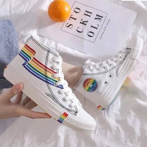 High-Top Canvas Shoes Women 2021 Summer Ins Fashion Sneakers white Rainbow Vulcan Shoes Girls Platform Shoes