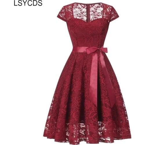 2020 Elegant Purple Lace Dress V-Neck Short Sleeve Pleated Dress Big Swing Retro Casual Party Rockabilly 50s 60s Vintage Dress