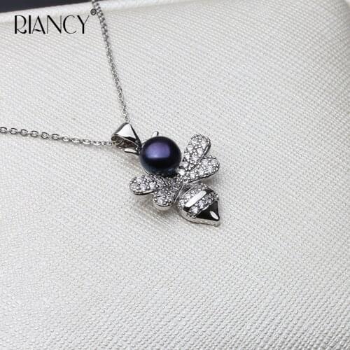 Fashion Black Natural Freshwater pearl pendant for women Little bee Necklace bridal gift