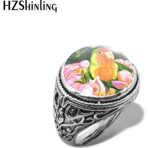 2019 New Painting Parrot Art Vintage Ring Parrots Handmade Rings Glass Cabochon Birds Jewelry