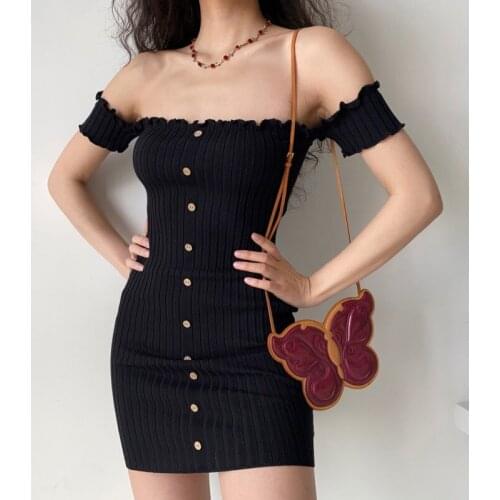 TVVOVVIN Solid Color Single Breasted Off The Shoulder Short Sleeve With Ruched Detail Package Hip Knitted Sexy Dress Women 6N8H