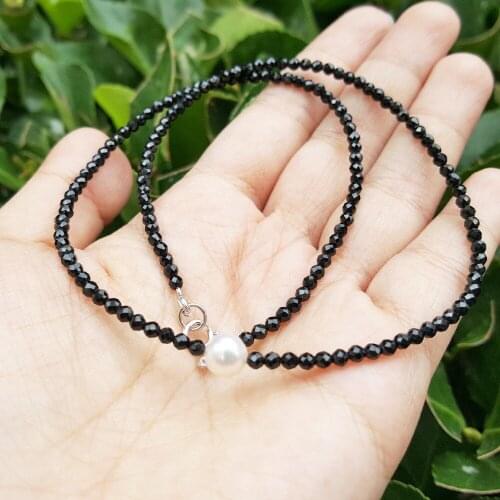 NEW Natural Black Spinels 2-3mm&Freshwater Pearl Tibetan silver Choker necklace 16inches