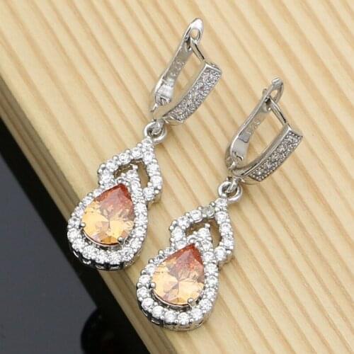 Earrings Wiht Champagne Cubic Zirconia 925 Sterling Silver Jewelry for Bridal Decoration Earrings Set Gift Dropshipping