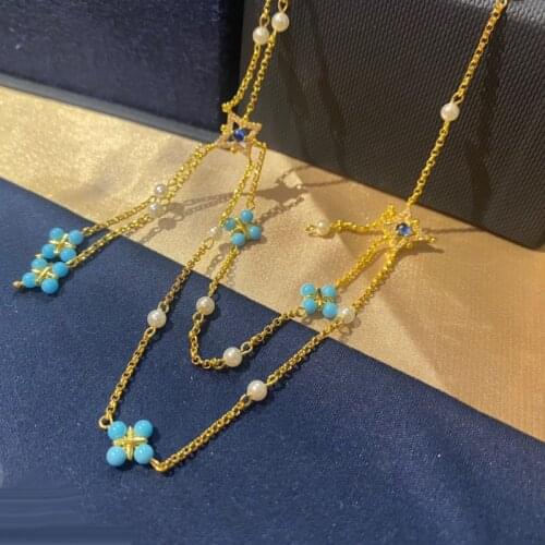 UMGODLY Fashion Brand Necklace Gold Color Pearl and Blue Gem Stone Double Chain Cross Pendant Women July Roma Serie Jewelry Gift