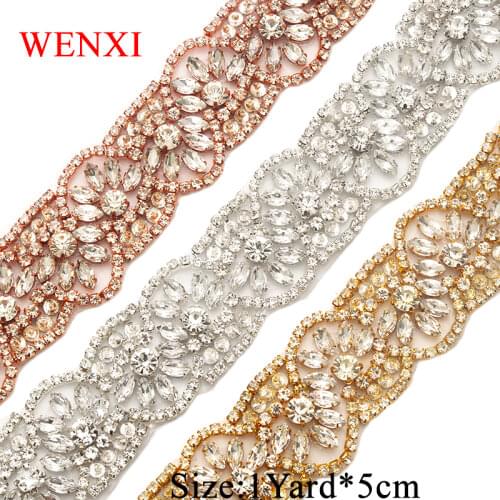 WENXI 1YARD Handmade Luxury Clear Rose Gold Crystal Rhinestone Applique Accessories Sewing On For Wedding Dress Belt WX822
