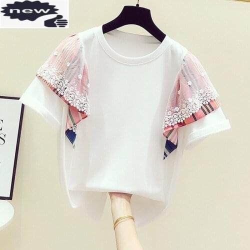 2021 Summer New Korean Spliced Lace Contrast Stripes O Neck Short Sleeve T-shirt Womens Casual Pull Tees Shirt Student Tops