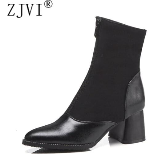 ZJVI Womens Ankle Boots Women Winter Autumn Boots 2020 Fashion Pointed Toe Woman Square High Heels Ladies Black Shoes Plus Size