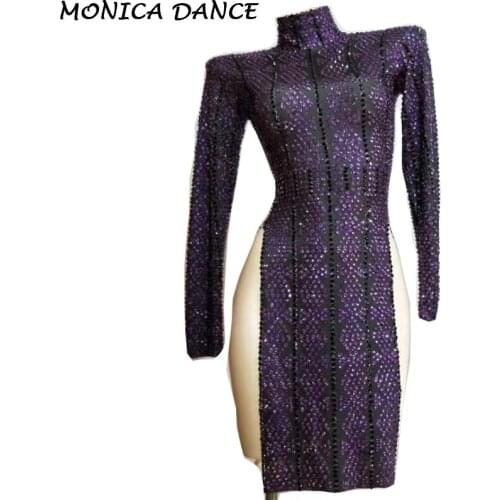 Women Sexy Stage Full Rhinestone Dress Evening Party Luxurious Purple Black Long Sleeves Dress Prom Birthday Celebrate Dresses