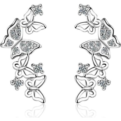 100% 925 Sterling Silver Fashion Butterfly Design Crystal Ladies`stud Earrings Jewelry Female Women Christmas Gift Drop Shipping