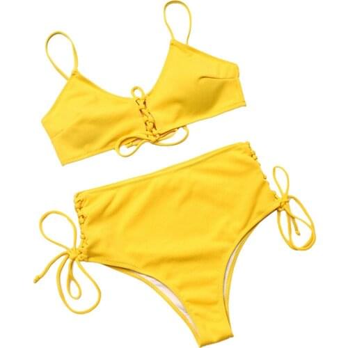 Women Fashion Strap Lace Solid Color Sexy Split Swimsuit Beachwear Bikini Sexy Women Push-Up Padded Bra Beach Bikini Set Swimsui