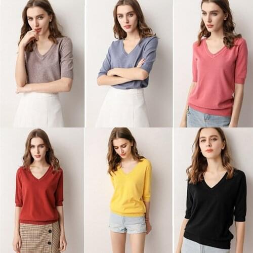 2020 Spring Autumn Womens Sweaters and Pullovers Sexy V-neck Middle sleeve Knit Cashmere Sweater Thin Casual Female Tops Jumper
