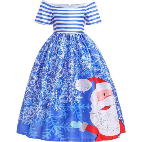 Girls' One-Word Neck Striped Christmas Dress Fashion Cute Children Princess Pettiskirt Costumes 5-10 Years Old