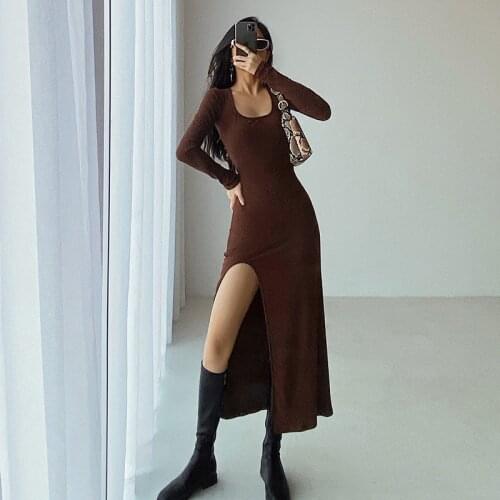 Spring autumn new solid color round neck knitted long-sleeved dress women, sexy split elastic bottoming mid-length dress women