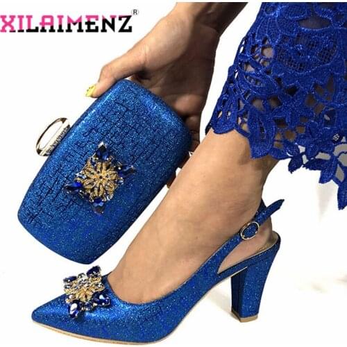 Mature African Women Royal Wedding Party Shoes and Bag to Match with Shinning Crystal in Champagne Color Italian Style Set